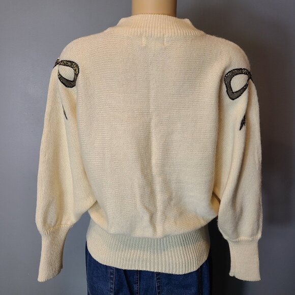Vintage Bow Sweater Womens Holiday Gilded Gold Cream Wool Blend Size Large - Picture 6 of 10